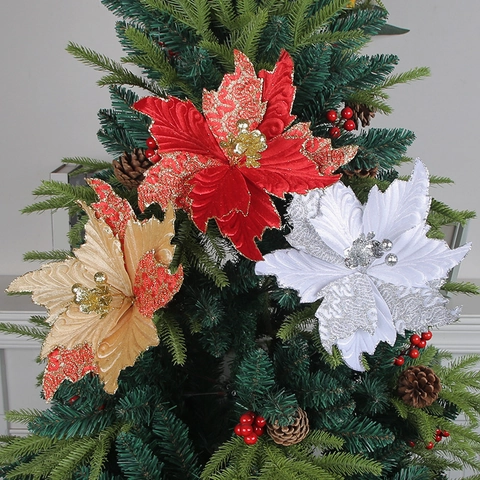 Artificial Christmas Flowers Glitter Poinsettia Fabric Floral Ornaments For Holiday Tree Wedding Party Decor