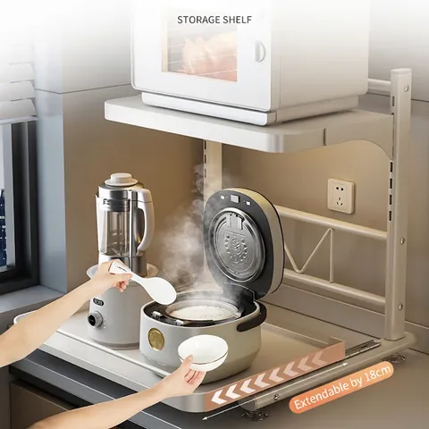 Kitchen Storage Shelf Carbon Steel Pull Out Double Tier Microwave Oven Rack Adjustable Expandable Countertop Organizer