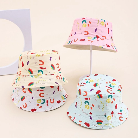 Kids Reversible Bucket Hat Polyester Colorful Letter Rainbow Print Breathable Sunshade Outdoor For Toddler Boys Girls