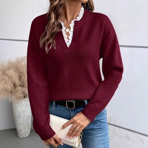 Women V Neck Sweater Lace Trim Long Sleeve Viscose Knit Pullover Loose Fit Solid Color Casual Elegant