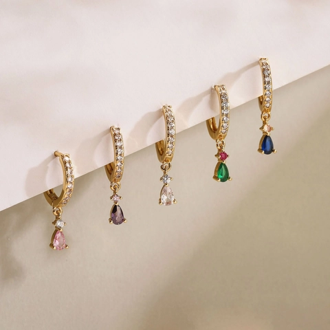 Πολυτελή Χάλκινα Επίχρυσα Σκουλαρίκια Huggie Drop Micro Pave Zircon Teardrop Pear Cut Πολύχρωμα Κρυστάλλινα Κοσμήματα
