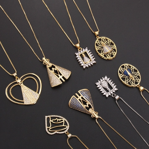 Collier Pendentif Religieux Cuivre Plaqué Or 18K Avec Zircone AAA Notre Dame D Aparecida Bijoux Élégants