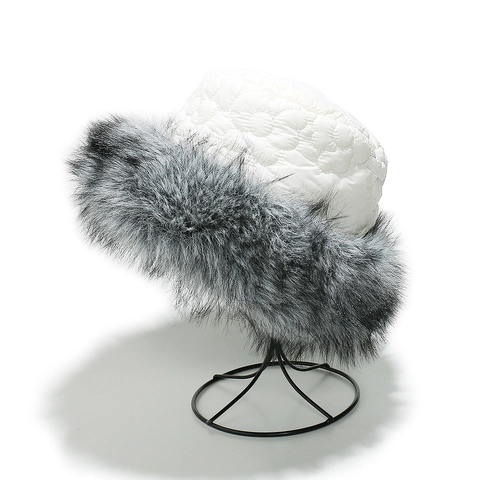 Dames Winter Emmer Hoed Doorgestikte Dons Bloemenpatroon Namaakvossenbont Rand Thermisch Winddicht Dik Warm Elegante Pet