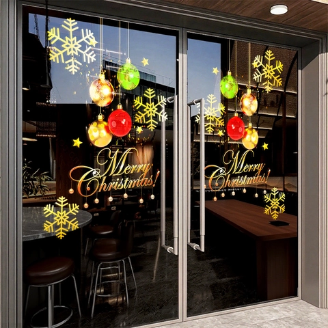 Christmas Window Static Stickers Gold Snowflake Colorful Ball Merry Christmas Lettering PVC Decals For Shop Decoration