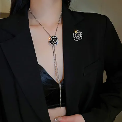 Kamelie Rose Blume Schmuck Legierung Zirkon Schwarz Emaille Quaste Lange Halskette Und Brosche Elegante Mode Für Frauen