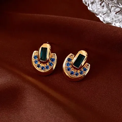 Orecchini A Lobo Ovali Vintage Rame Placcato Oro 18K Con Perno In Argento Sterling 925 Pietra Verde E Strass