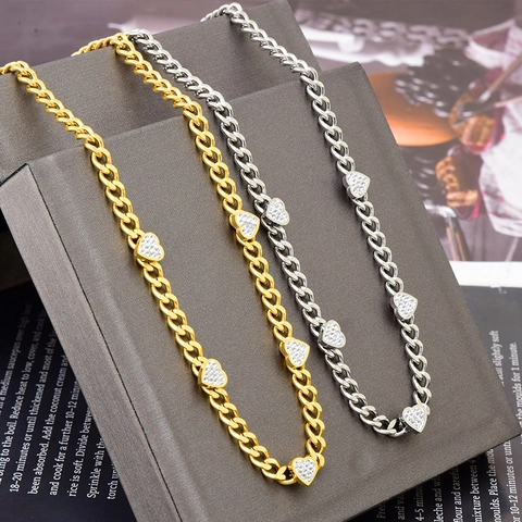 Heart Pendant Necklace Bracelet Titanium Steel Iced Out Rhinestone Pavé Cuban Curb Chain Fashion Jewelry For Women