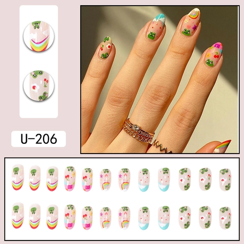 Uñas Postizas Press On Niñas Niños Dibujos Animados Rana Arcoíris Patrón Brillante Oval Uñas Artificiales