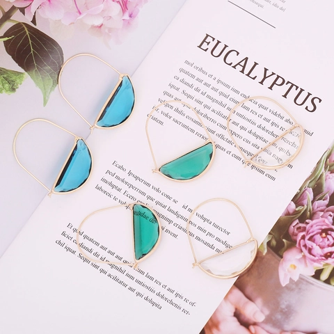 Geometric D-Shape Faceted Glass Drop Hook Earrings Copper Frame Statement Jewelry Modern Fashion Accessory For Women
