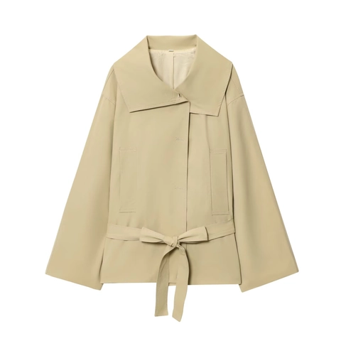 Women Lapel Cropped Trench Coat And Button Pleated Shorts Solid Khaki Belted Jacket Fashion Streetwear Casual Outfit