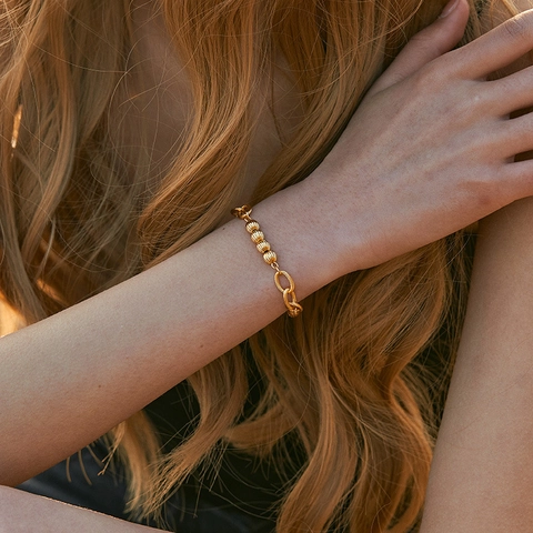Pulsera De Cadena De Cobre Chapada En Oro De 18K Retro Con Cuentas Redondas Texturizadas Eslabones Ovalados Mujer