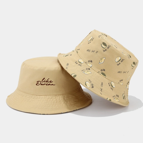 Cappello Alla Pescatora In Cotone Reversibile Con Stampa Durian E Ricamo Protezione Solare Casual