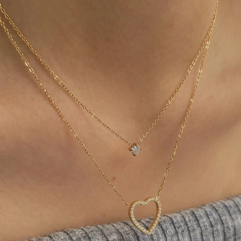 Herz Anhänger Halskette Edelstahl PVD Vergoldet Zirkonia Lagenlook Elegant Minimalistisch Schmuck Für Damen