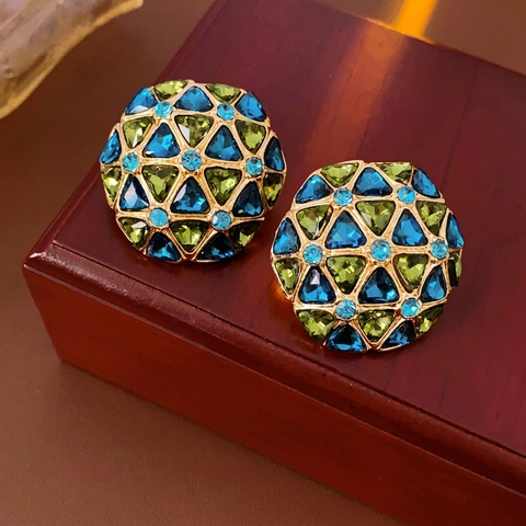 Geometric Round Stud Earrings With Alloy Rhinestone And Silver Earring Post Vintage Luxury Mosaic Design For Women Retro Style