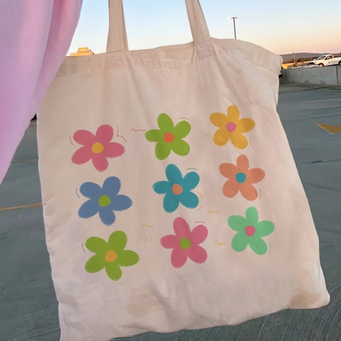 Canvas Tote Bag Aesthetic Retro Floral Print Cotton Shoulder Handbag Reusable Grocery Shopping Bag For Women Girls
