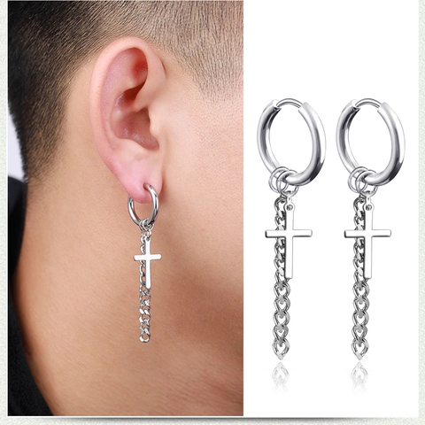 Punk Kreuz Anhänger Creolen Edelstahl Kette Drop Clip On Ohrringe Für Männer Gothic Streetwear
