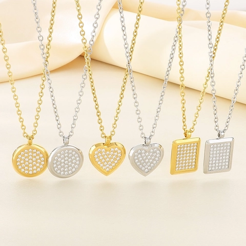 Collar Con Colgante Geométrico De Corazón Redondo Cuadrado Acero Inoxidable Diamantes De Imitación Joyería De Moda De Lujo Para Mujeres Hombres