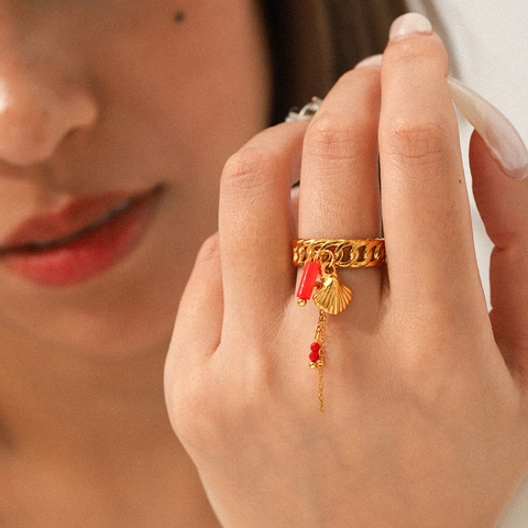 Anillo Abierto De Acero Inoxidable Con Dijes De Concha Perla Artificial Y Borla Roja Estilo Océano Vacaciones Impermeable Mujeres