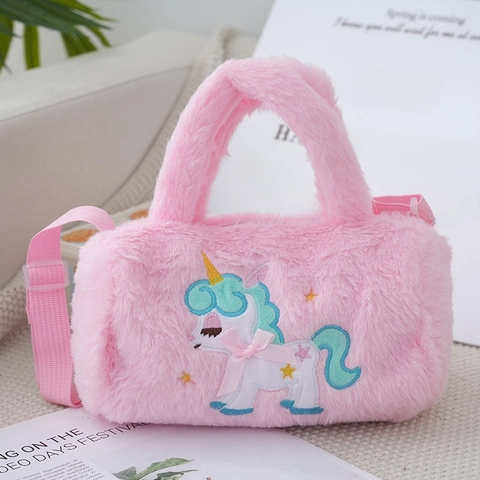 Kids Plush Unicorn Crossbody Handbag Cute Faux Fur Shoulder Bag With Embroidery Bow For Little Girls Toddlers Fashion