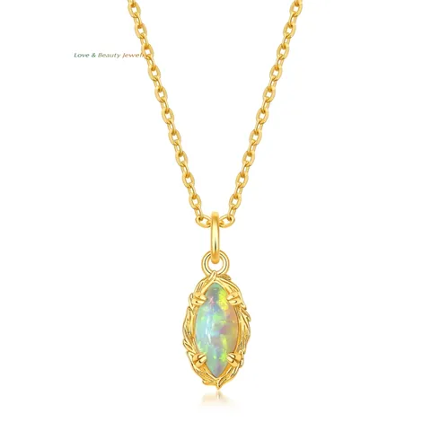 925 Sterling Silver Artificial Opal Moss Agate Pendant Necklace Geometric Marquise Retro Striped Lace Jewelry For Women