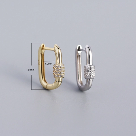 Orecchini A Cerchio Con Moschettone A Forma Di U Argento Sterling 925 Zircone Intarsiato Design Serratura Geometrica Donne