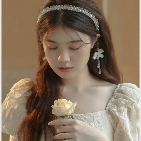 Crystal Beaded Headband For Women With Ribbon Bow And Long Chain Tassel Elegant Fashion Hair Accessories