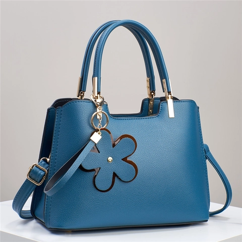 Sac À Main Élégant Pour Femme En Cuir PU Avec Texture Litchi Grande Capacité Sac À Épaule Bandoulière Avec Pendentif Fleur