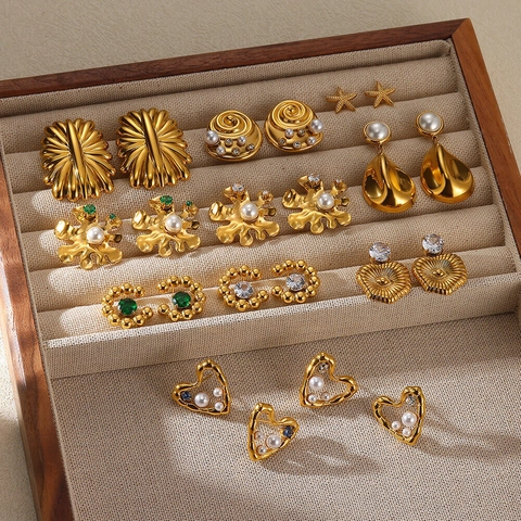 Orecchini a Bottone in Acciaio Inossidabile Vintage Francese da Donna Placcati in Oro Perla Artificiale Strass Gioielli