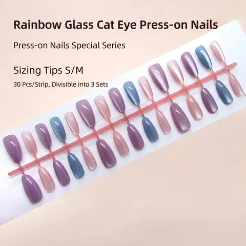 Cat Eye Press On Nails Rainbow Glass Aurora Effect Handmade Reusable Almond Shape ABS Plastic Artificial Fingernails For Women