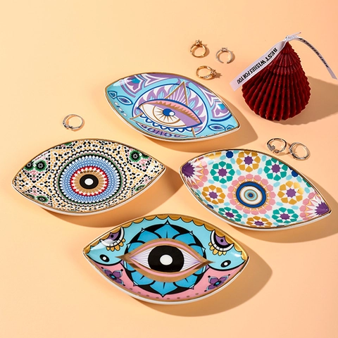 Evil Eye Shaped Ceramic Jewelry Storage Tray Mandala Pattern Gold Rim Decorative Ring Dish Trinket Plate Ornament