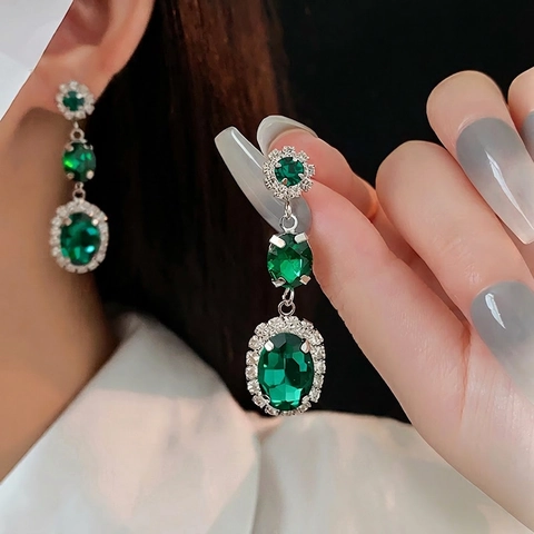 Boucles D'Oreilles Pendantes Ovales Vertes Style Français Vintage Avec Tige En Argent Sterling 925