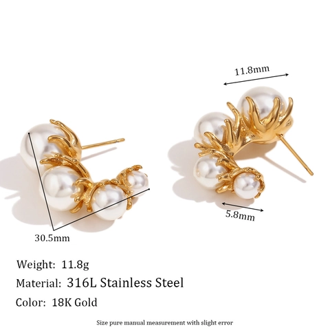 18K Gold Plated Stainless Steel Earrings For Women Geometric Spiral Hoop Artificial Pearl Rhinestone Stud Vintage Jewelry