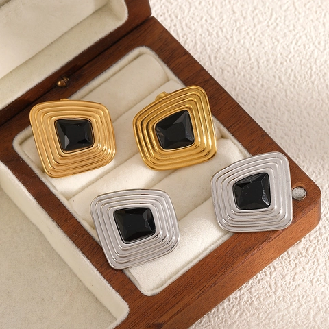 Orecchini A Lobo Quadrati Geometrici Retro In Acciaio Inossidabile Con Piedra Nera Texture A Strati Gioielli Di Moda Per Donna