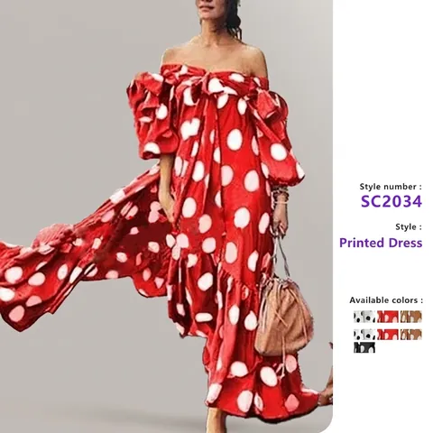 Off-Shoulder Polka Dot Maxikleid Laternenärmel Rüschen Bohemian Elegant Urlaubskleid Für Damen