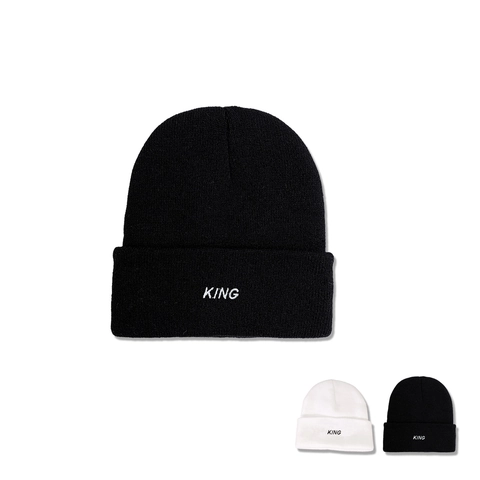 King Letter Embroidery Knit Beanie Hat Acrylic Warm Winter Cuffed Cap For Men Women Trendy Minimalist Solid Color