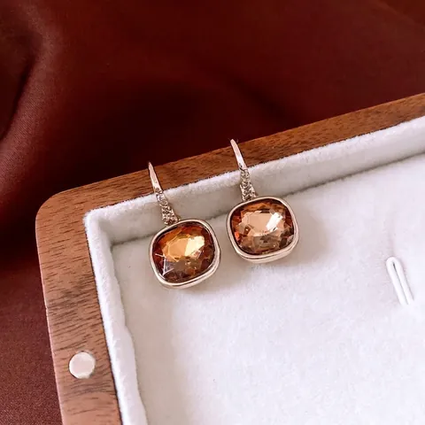 Retro Square Zircon Drop Earrings Copper Geometric Brown Amber Stone With 925 Sterling Silver Earring Post For Women