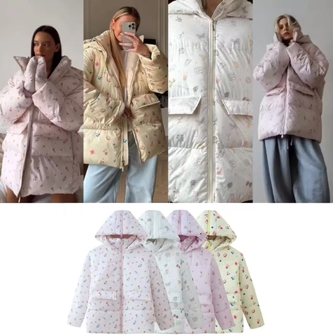 Women Puffer Jacket Polyester Hooded Long Sleeved Floral Fruit Print Quilted Vintage Casual Padded Coat