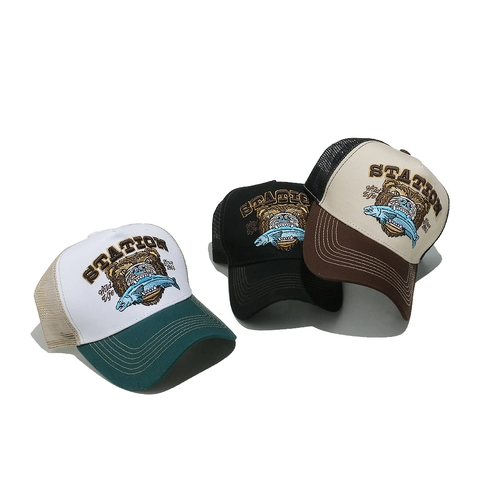 Cappello Trucker Retro Rete Baseball Ricamo Orso Pesce Traspirante Regolabile Protezione Solare Pesca All'aperto