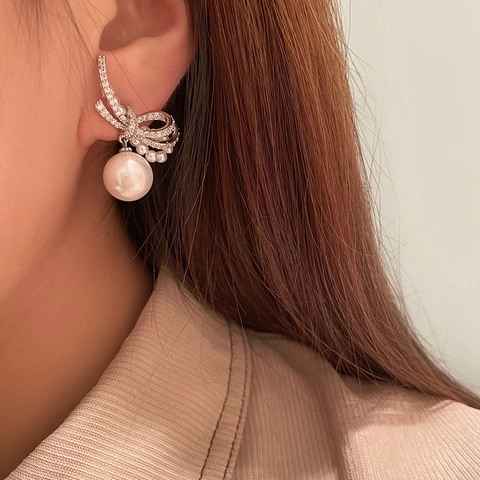 Orecchini Pendenti Perla Artificial Fiocco Intarsio Zircone Perno Argento Sterling 925 Gioielli Stile Lusso Elegante Per Donna