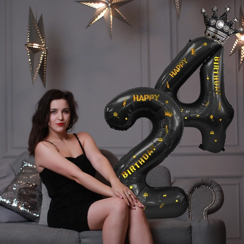 Black Number Foil Balloon With Crown Decoration Birthday Party Decor Gold Printing