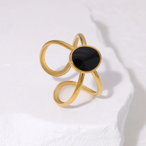 Anello Acciaio Inossidabile Placcato Oro 18K Minimalista Geometrico Regolabile Aperto Strato Incrociato Smalto Ovale
