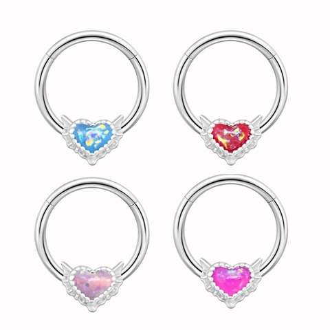 Aro de Nariz de Acero Inoxidable en Forma de Corazón con Ópalo Artificial Hinge Septum Clicker para Mujer Joyas de Piercing