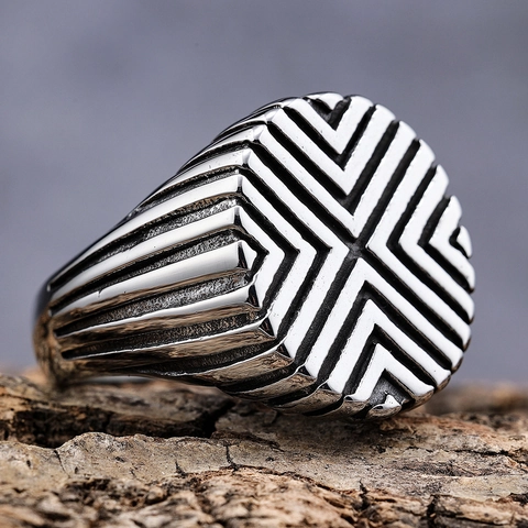 Heren Roestvrijstalen Ring Vintage Industrieel Geometrische Radiale Lijnen Zegelring Retro Punk Sieraden Voor Man