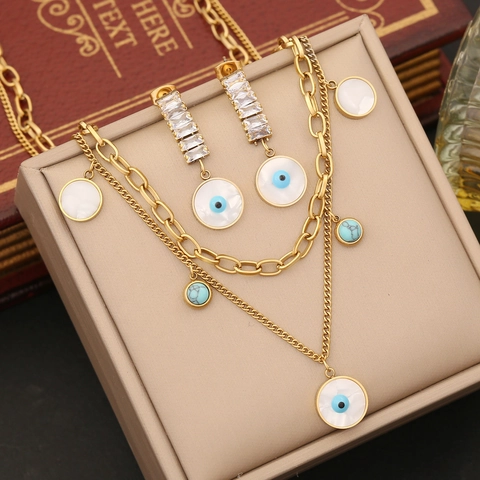 Evil Eye Schmuck Halskette Armband Und Ohrringe Edelstahl Muschel Türkis Zirkonia Doppellagig Vergoldet