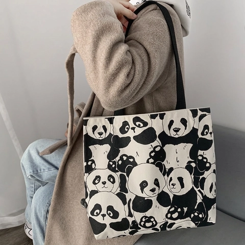 Süße Panda Print Leinwand Tote Bag Große Kapazität Frauen Schulterhandtasche Verdickter Stoff Lässig Einkaufstasche