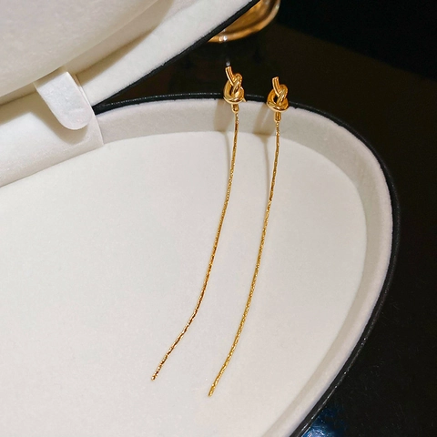 Knot Long Tassel Drop Earrings With 925 Sterling Silver Earring Post Elegant Minimalist Metallic Jewelry For Women