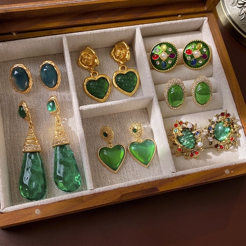 Orecchini Pendenti A Cuore Verde Vintage Con Perno In Argento Sterling 925 Lega Resina Stile Corte Retrò Francese