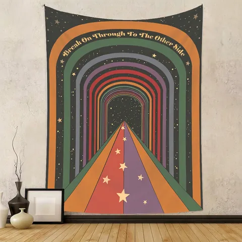 Arazzo Da Parete Psichedelico Retro Arcobaleno Notte Stellata Sfondo In Tessuto Di Poliestere Per Camera Da Letto Soggiorno