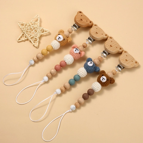 Baby Pacifier Clip Chain Beech Wood Silicone Beads Handmade Crochet Bear Soother Holder Infant Teething Toy