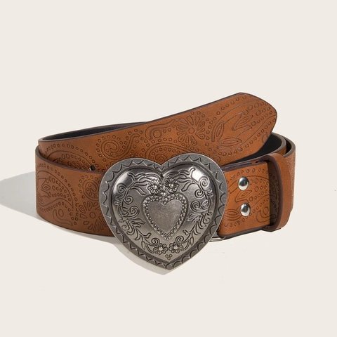 Cintura Vintage Da Donna In Ecopelle Goffrata Paisley Fibbia In Lega Intagliata A Forma Di Cuore Stile Boho Western Y2K